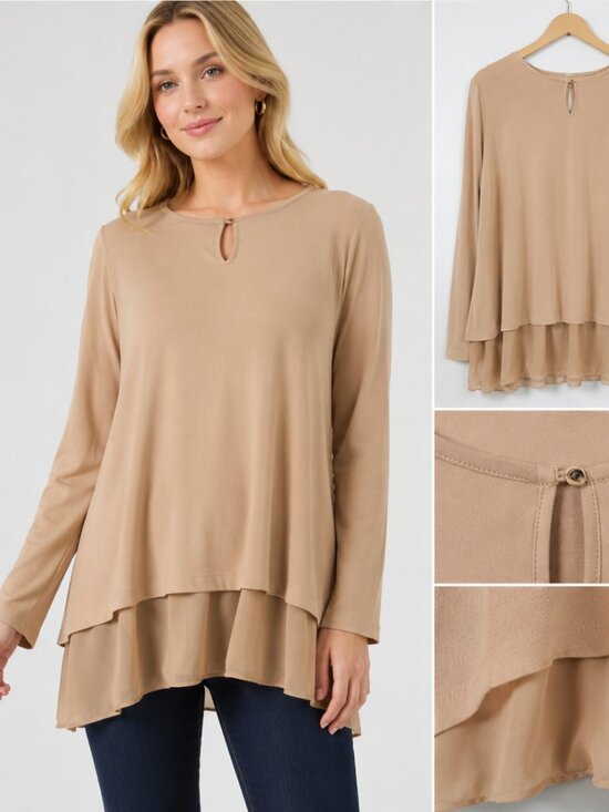 Soft Surroundings Tops - Soft Surroundings Tunic Top Women's Medium Beige Layered Chiffon Hem boho.